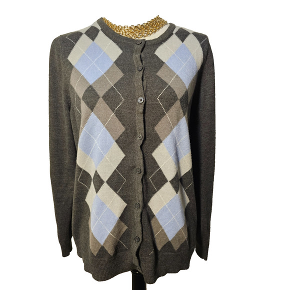 CROFT & BARROW Womens Size Large Long Sleeve Button Down Argyle Sweater Acrylic - Picture 1 of 5